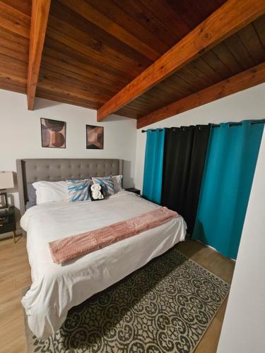 a bedroom with a large bed with blue curtains at P&N Suites - DELUXE KING ROOM- PARIS in Edmonton