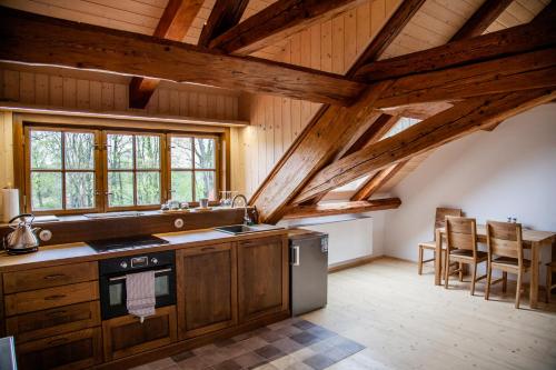 a kitchen with wooden cabinets and a stove top oven at Apartmány Temechov in Želiv