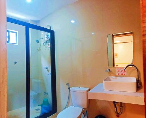 a bathroom with a toilet and a sink and a shower at Villa Monica Hotel in Balatero
