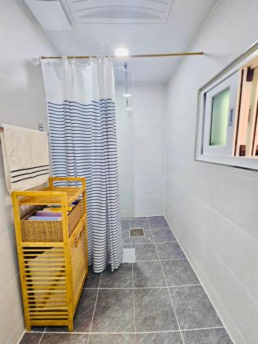 a bathroom with a shower curtain and a basket at 후암가옥 in Seoul