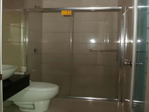 a bathroom with a shower with a toilet and a sink at Yidun Hotel Foshan Luocun in Huanshi