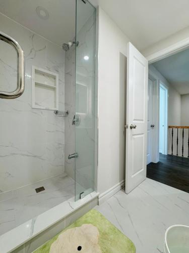 a bathroom with a glass shower and a rug at Modern Newly-Renovated Suite Free Parking in Toronto