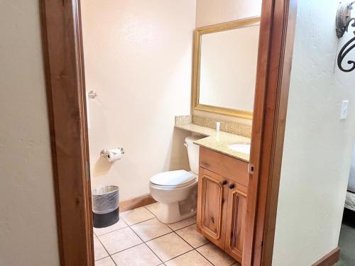 a bathroom with a toilet and a sink and a mirror at Cozy Double Queen Mountain Suite Near Park City & Sundance Ski Resorts - 2047 in Mound City