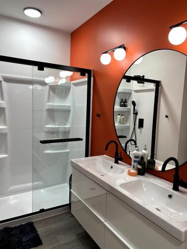 a bathroom with a sink and a mirror at OranGe DeLuxe in Omaha