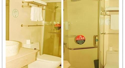 two pictures of a bathroom with a toilet and a shower at GreenTree Inn Shanghai South Railway Station Xujiahui Stadium Subway Station Shell Hotel in Shanghai