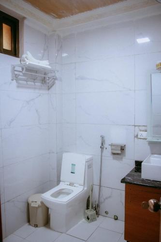 a white bathroom with a toilet and a sink at Mount Olive Hotel Laibela in Lalibela