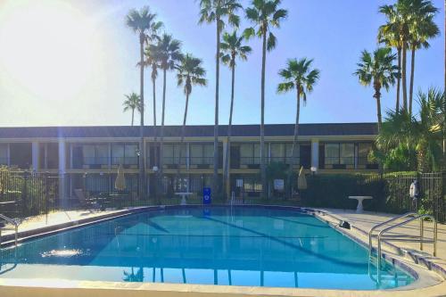a swimming pool in front of a building with palm trees at Econo Lodge Ormond Beach North - Daytona in Ormond Beach