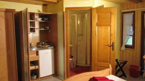 eine kleine Küche mit einem Waschbecken und einer Dusche in der Unterkunft Wäldebauernhof in Gutach