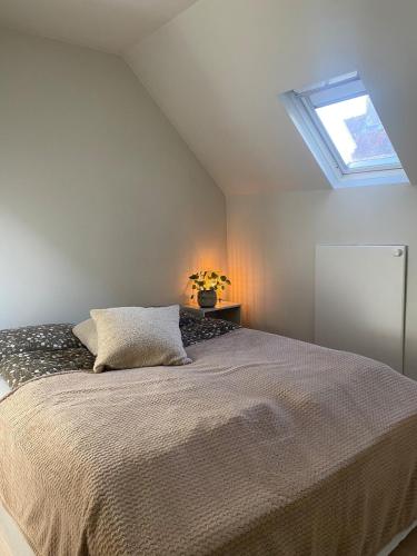 a bedroom with a large bed with a skylight at Central Apartment Stavanger 2 Bedroom Sleeps 4 in Stavanger