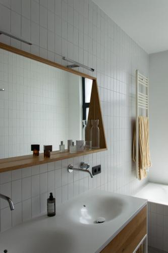 łazienka z umywalką i lustrem w obiekcie Canopée guesthouse w Brukseli