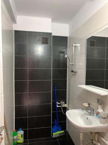 a bathroom with a sink and a mirror at Old Center Apartment in Craiova