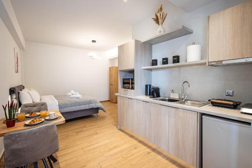 Il comprend une cuisine et un salon avec un lit. dans l'établissement Gina's Apartments, à Spáta