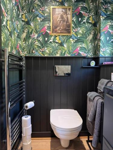 a bathroom with a white toilet and a wallpaper at Skyefall Lodge in Uig