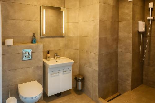 a bathroom with a toilet and a sink and a shower at The Stykkishólmur Inn by Ourhotels in Stykkishólmur