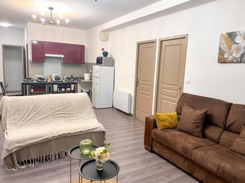 ein Wohnzimmer mit Couch und Küche in der Unterkunft Appartement avec 2 chambres Jardin privé parking gratuit in Clermont-Ferrand