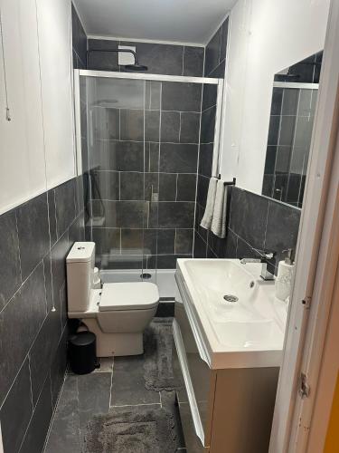 a bathroom with a toilet and a sink at 1a Woodlands Edge in Trowbridge