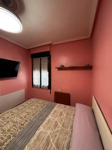 a bedroom with pink walls and a bed and a television at Centrico tu hogar en Bilbao in Barakaldo