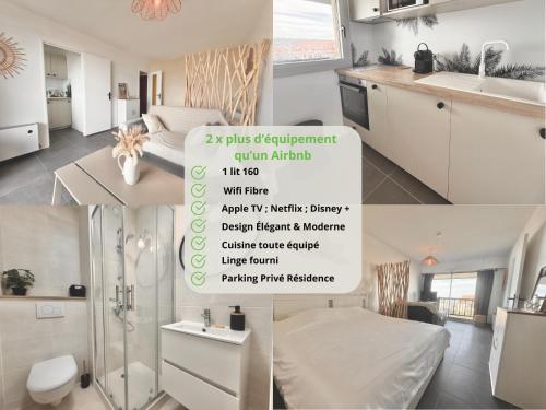 a collage of photos of a kitchen and a bathroom at Sunset View , Studio , Parking & Wifi in Villers-sur-Mer