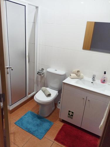 a bathroom with a toilet and a sink and a shower at Casa Mao-Cheia in Arco da Calheta