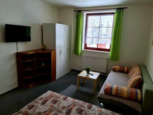 a living room with a couch and a television at Penzion Gerle in Cerny Dul