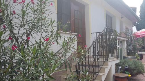 a building with a staircase next to a plant with pink flowers at Laubgassl in Mörbisch am See