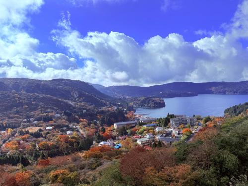 a town on a hill next to a lake at Hotel Shikinoyakata Hakone Ashinoko in Hakone