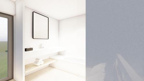 a white bathroom with a sink and a mirror at OakstoneLodge- Gite avec Jacuzzi Piscine et Sauna in Houyet