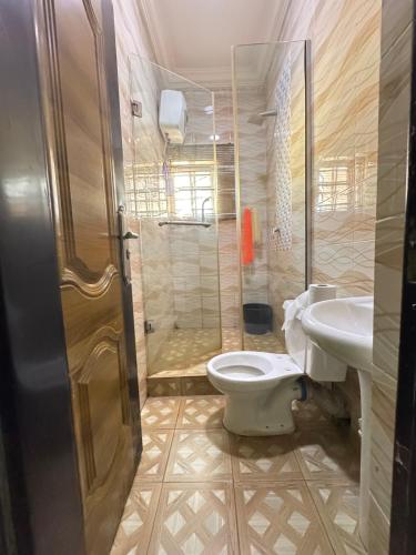 a bathroom with a toilet and a sink and a shower at Exotic Modern 2BR Apartment in Independence Layout in Enugu