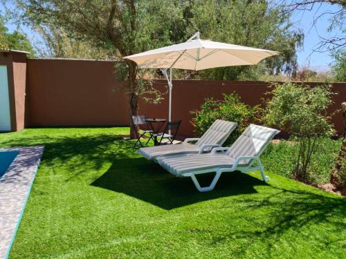 a lawn with two chairs and an umbrella at Hostal Ribera de Quitor in San Pedro de Atacama