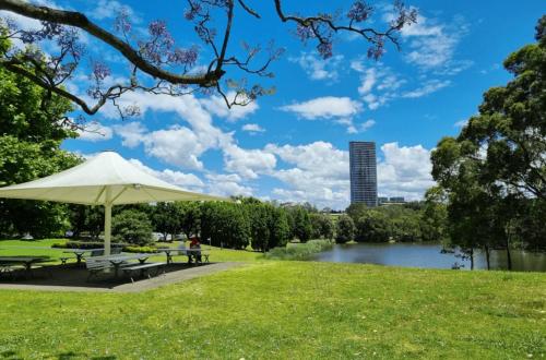 a picnic area with tables and an umbrella next to a lake at KozyGuru | Lidcombe | Olympic Park Gem + Parking in Sydney