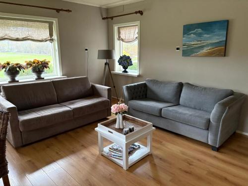 ein Wohnzimmer mit zwei Sofas und einem Tisch in der Unterkunft Vakantiehuisje Wekerom in Wekerom