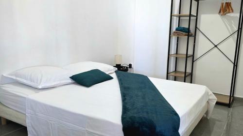 ル・ヴォクランにあるLa Fleur Doré F3 Le Vauclinのベッドルーム1室(白いベッド1台、緑の毛布付)