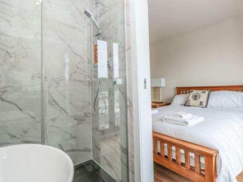 a bathroom with a shower and a bed at Ty'r Ddraig in Dartmouth