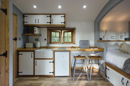 a small kitchen with a bed in a tiny house at Cwtch Ffynnone Luxury Shepherds Hut in Newchapel