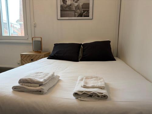 康布雷Studio Tout équipé à Cambrai的床上有两条毛巾