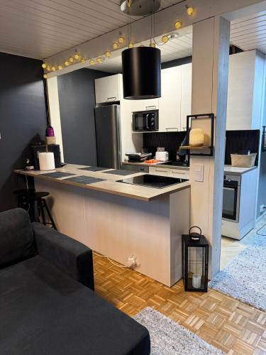 a kitchen with a stove and a counter top at Compact beautiful apartment with sauna in Kuusamo