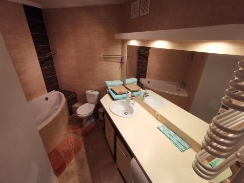 Dwa poziomy Wrocławska في بياويستوك: حمام مع حوض ومرحاض ومرآة