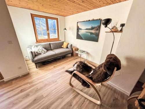 a living room with a dog sitting in a chair at Apartment Casa Foppa by Interhome in Somvix