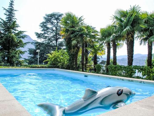 een dolfijn die zwemt in een zwembad met palmbomen bij Studio Vista Lago by Interhome in Ruvigliana