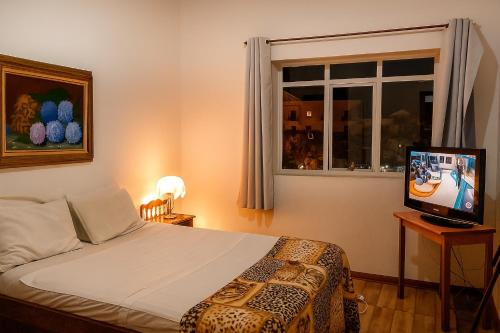 Un dormitorio con una cama con televisión y una ventana. en Pousada Sâo Luiz, en Poços de Caldas