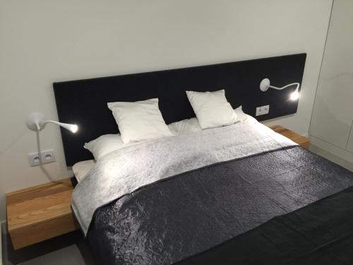 a bedroom with a large bed with two lights on it at MOHO apartament in Dziwnówek