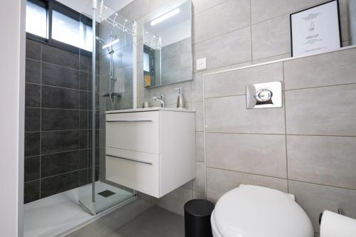 a bathroom with a white toilet and a shower at N10 Maison T2 climatisé avec jacuzzi privé in Ajaccio