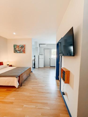 a bedroom with a bed and a flat screen tv at Costa Cabral Porto Flat in Porto