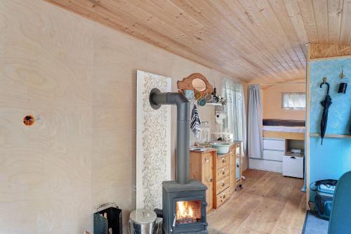 a wood stove in a room with a kitchen at Haevn Altes Pfarrhauss Marienfliess in Stepenitz