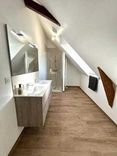 a bathroom with a sink and a large mirror at Le Clos des Aulnes in Astillé