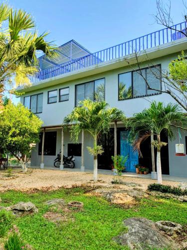 a house with palm trees in front of it at The Blue Eco Lodge in Valladolid