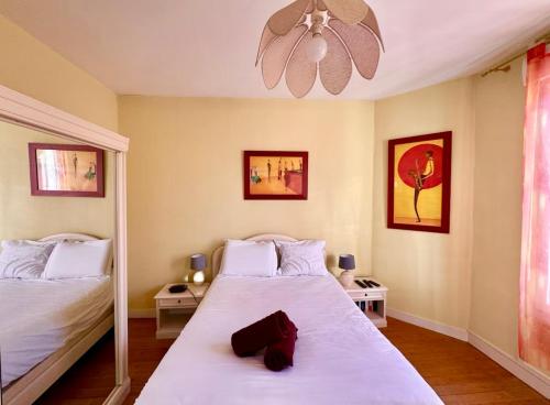 een slaapkamer met een groot wit bed en een plafondventilator bij Le Coquelicot - Centre - 8 Personnes - Parking in Le Mans