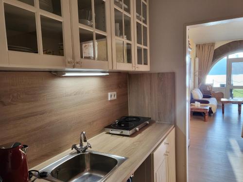 une cuisine avec un évier et une cuisinière dans l'établissement Strandhof Möhnesee, à Wamel