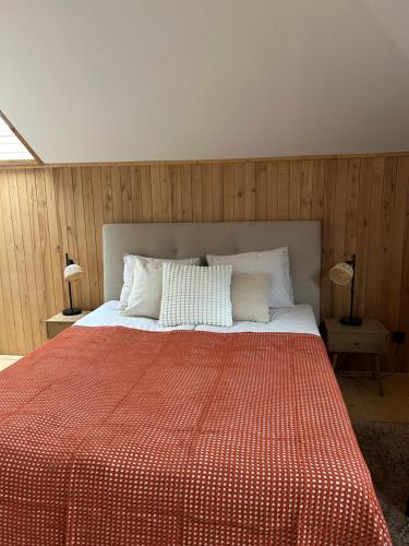 a bedroom with a bed with an orange and white comforter at MūsMājas in Talsi