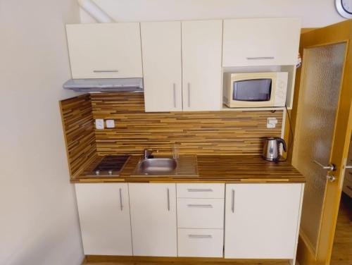 a kitchen with a sink and a microwave at Apartmán Lipno TwentyFive in Lipno nad Vltavou
